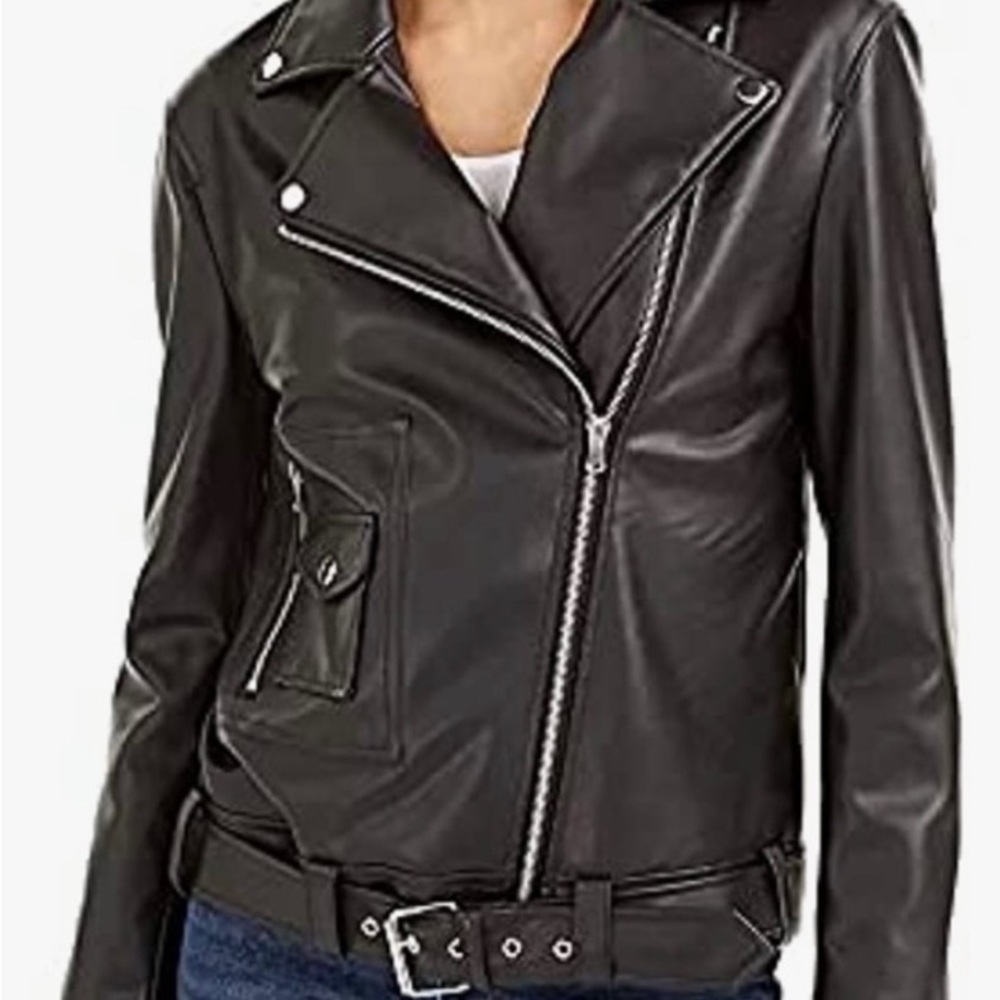 Bar III Women's Black Faux Leather Moto Jacket Sz Large